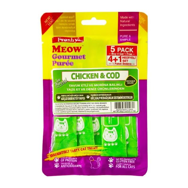 Picture of Freshy Meow Gurme Pure Tavuk Etli ve Morina Balıklı 60Gr 5Li Paket