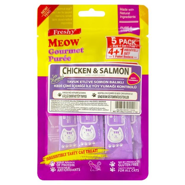 Picture of Freshy Meow Gurme Pure Tavuklu Somonlu Kedi Çimli 60Gr 5Li Paket 