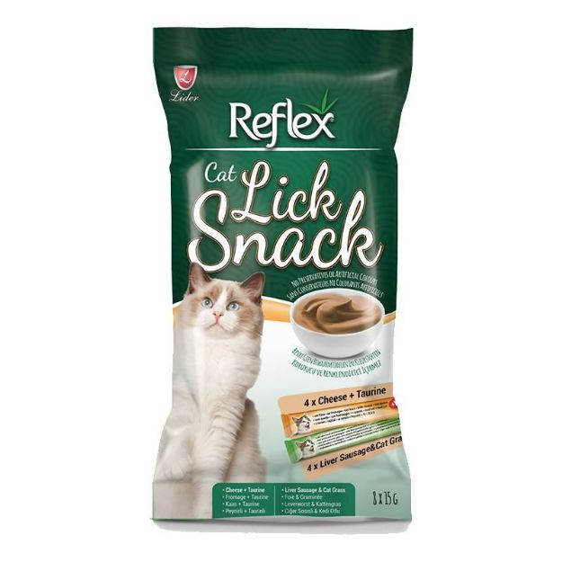 Picture of Reflex Lick Snack Peynir Ciğer ve Sosisli Sıvı Kedi Ödül Maması 15gr 8Li